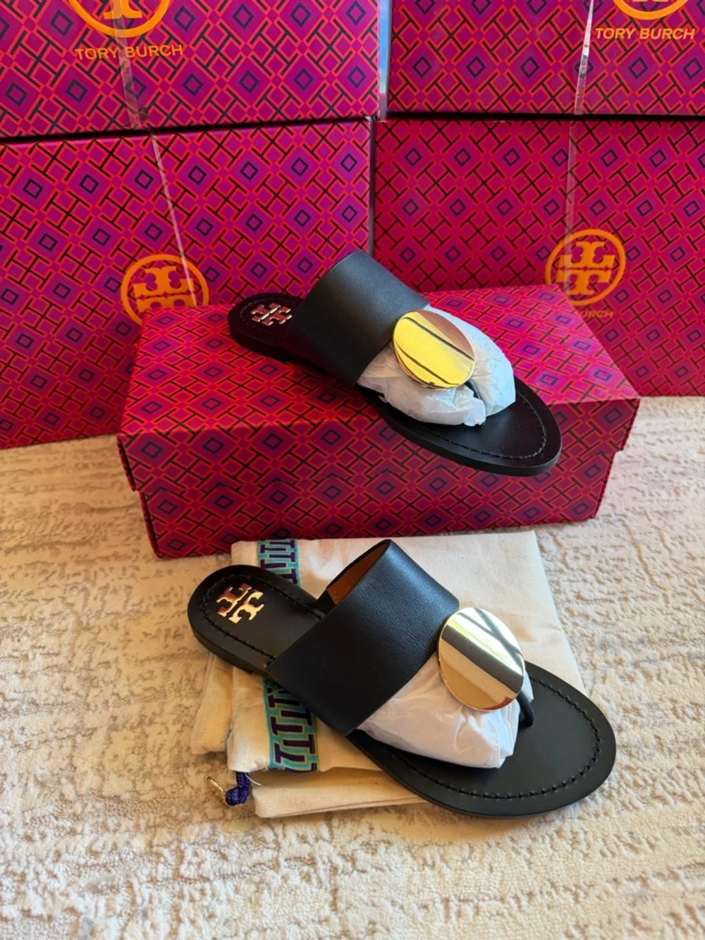 Tory Burch Black Leather Slide Sandals with Gold Disc Accent